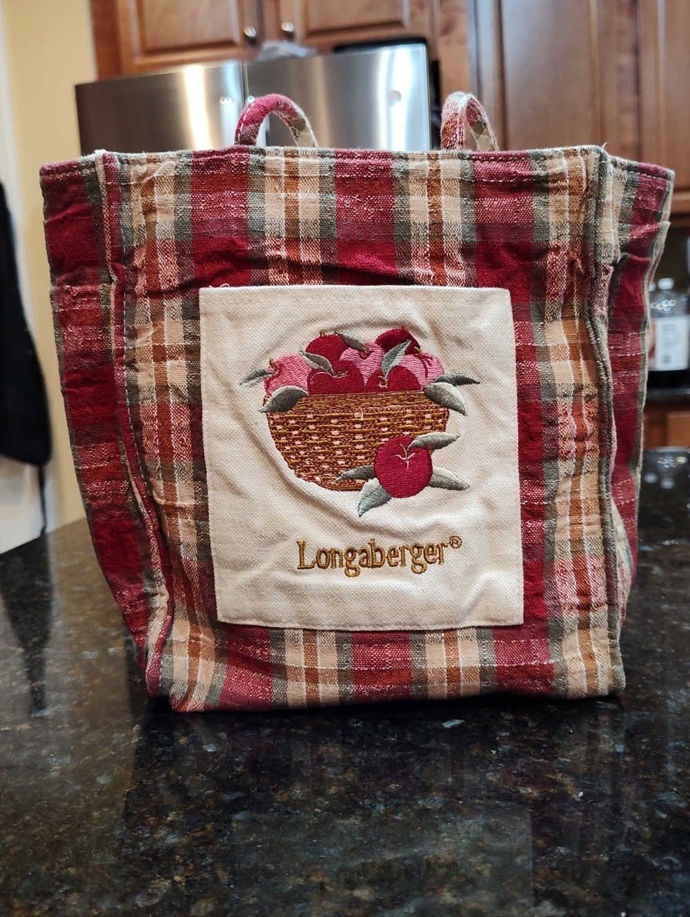Longaberger Plaid Tote with Embroidered Apple Basket - Red, Brown & Cream - Picture 1 of 10